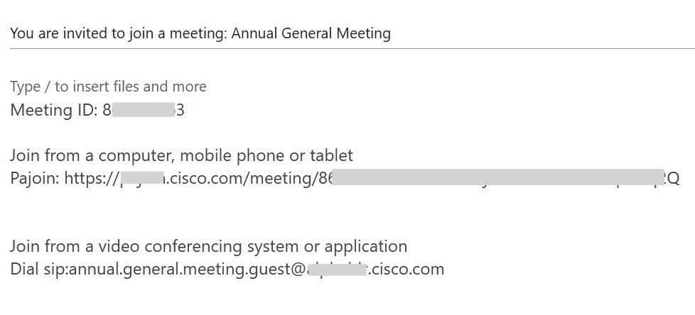 Sample email invite shows meeting ID, passcode, and meeting link